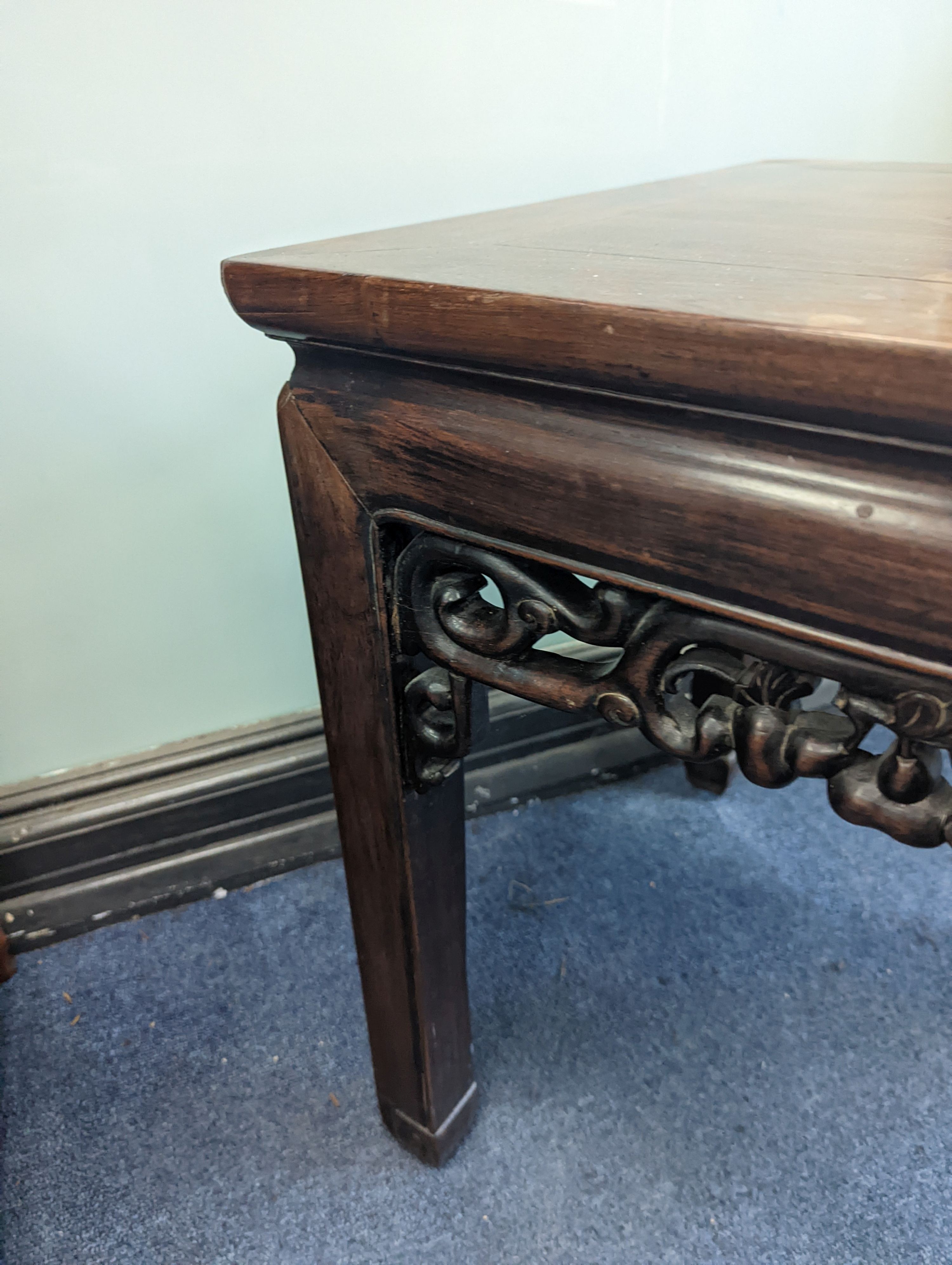 A pair of Chinese hardwood square top tables, 48cm, height 51cm